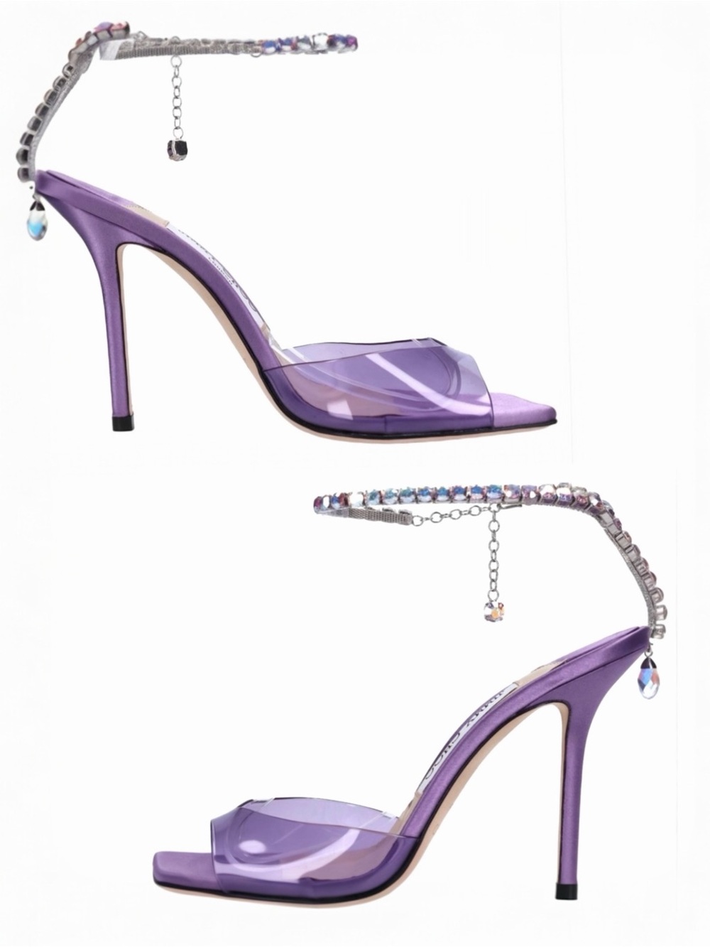 Jimmy Choo Women’s Saeda 100 Purple Plexi  Crystal Ankle Wrap Open Toe Sandals